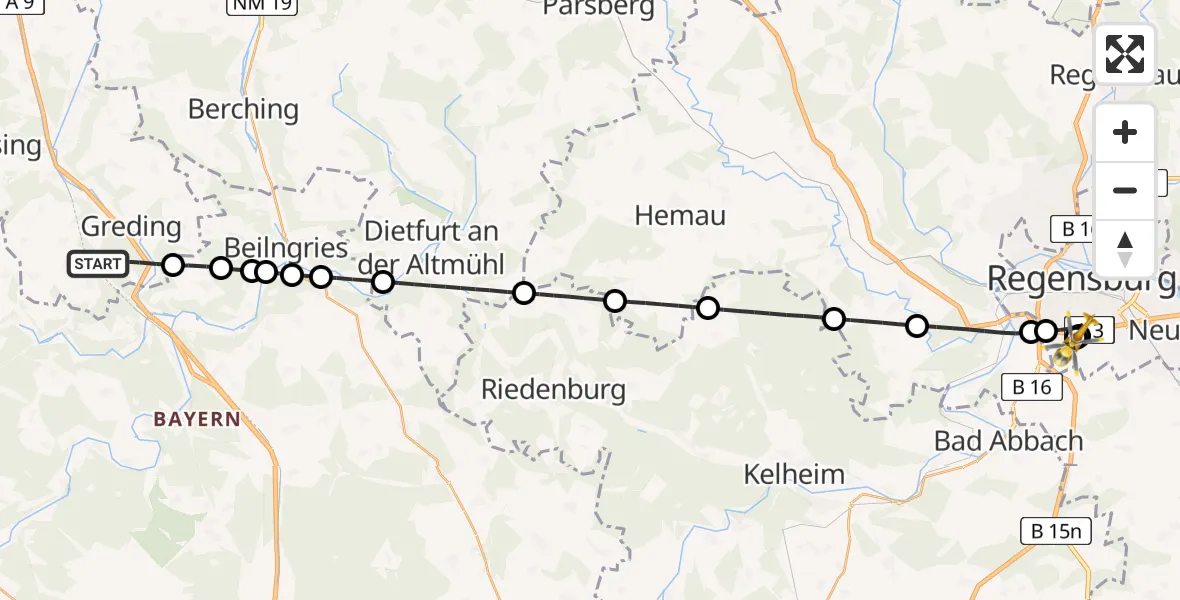 Flugroute Rettungshubschrauber Greding - DRF Air Rescue Station Regensburg / Regensburg University Hospital, 30 Juli 2026, 11:59