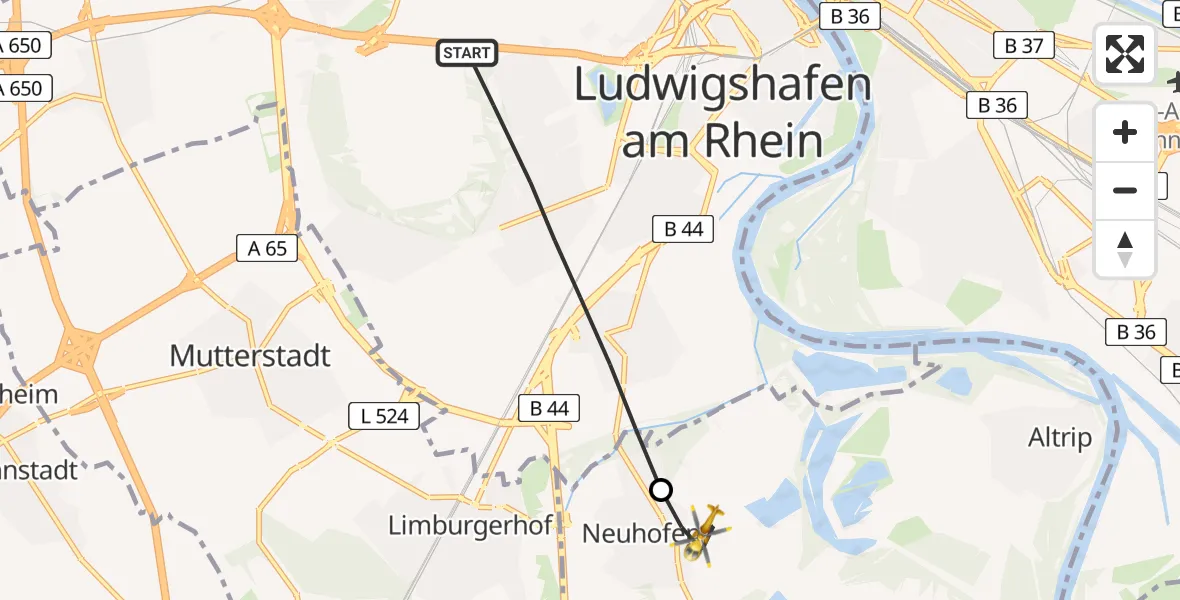 Flugroute Rettungshubschrauber Ludwigshafen am Rhein - Neuhofen, 30 Juli 2026, 12:00