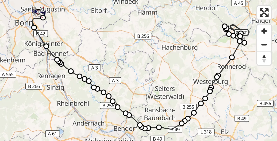 Flugroute Polizeihubschrauber Burbach - Sankt Augustin, 30 Juli 2026, 12:00