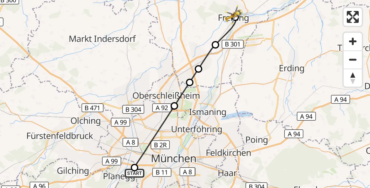 Flugroute Rettungshubschrauber DRF Air Rescue München Hubschrauberlandeplatz - Freising Clinic Hubschrauberlandeplatz, 30 Juli 2026, 12:02