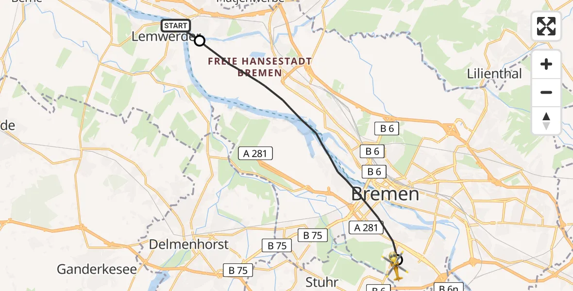 Flugroute Rettungshubschrauber Lemwerder - ADAC Air Rescue Station Bremen Hubschrauberlandeplatz (Christoph 6), 30 Juli 2026, 12:02