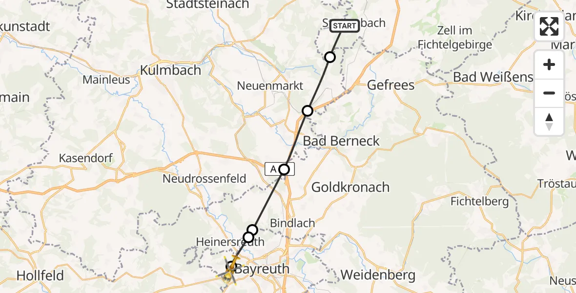 Flugroute Ambulanzhubschrauber Stammbach - Bayreuth Hospital, 30 Juli 2026, 12:10