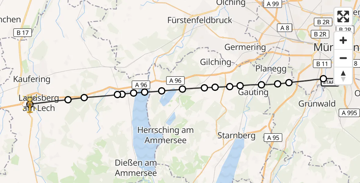 Flugroute Rettungshubschrauber ADAC Air Rescue Center Hubschrauberlandeplatz (Christoph 1) - Landsberg am Lech Hospital, 30 Juli 2026, 12:14