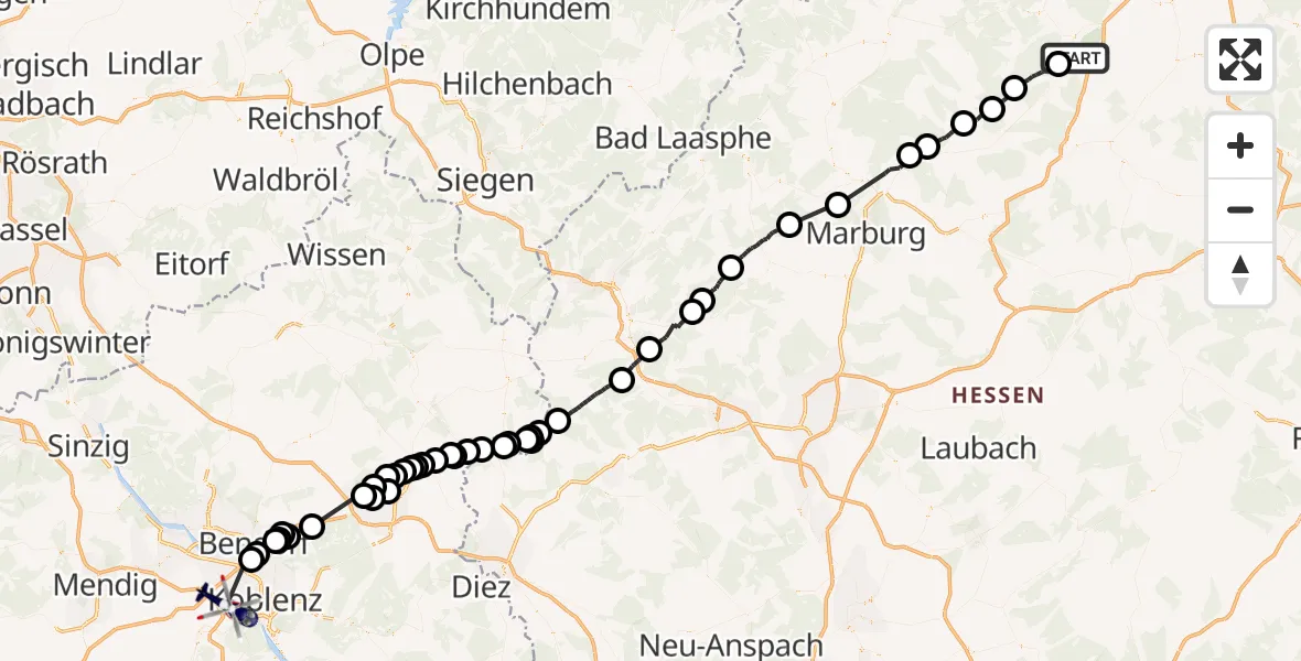 Flugroute Polizeihubschrauber Bad Zwesten - Koblenz, 30 Juli 2026, 12:15