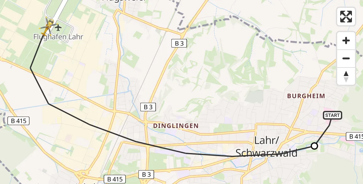 Flugroute Rettungshubschrauber Ortenau Hospital Lahr-Ettenheim - Lahr Flughafen, 30 Juli 2026, 12:16