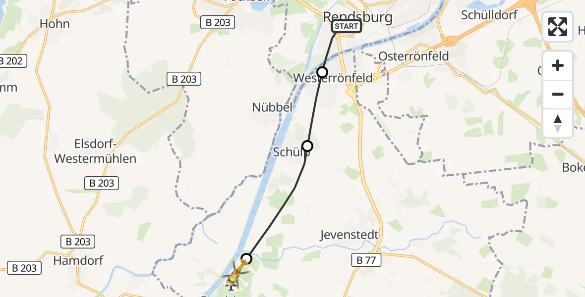 Flugroute Ambulanzhubschrauber Rendsburg - Rendsburg-Schachtholm Flugplatz, 30 Juli 2026, 12:19