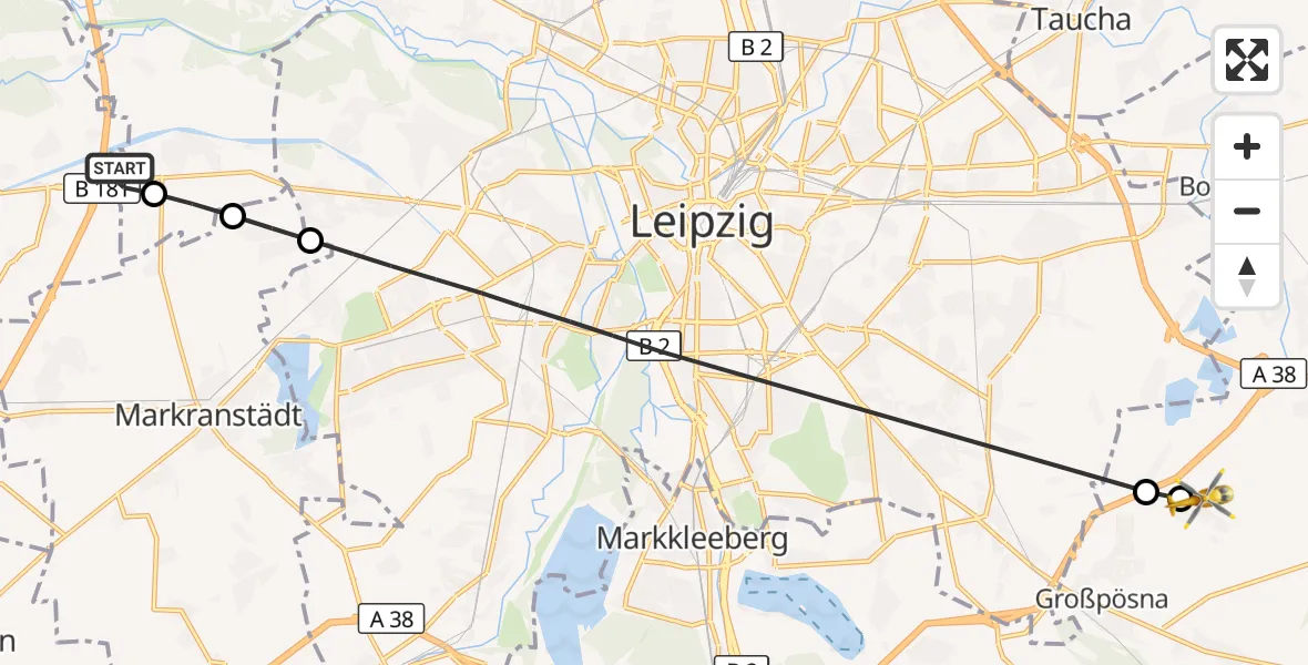Flugroute Rettungshubschrauber ADAC Air Rescue Station Leipzig/Schkeuditz-Dölzig Hubschrauberlandeplatz (Christoph 61) - Naunhof, 30 Juli 2026, 12:23