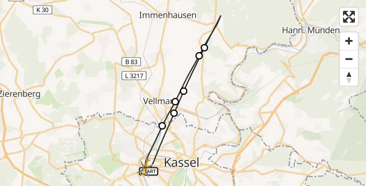 Flugroute Rettungshubschrauber Kassel - Kassel, 30 Juli 2026, 12:23