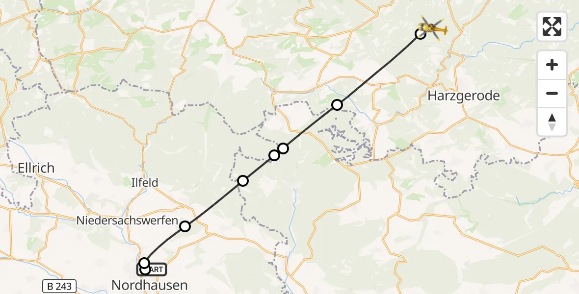 Flugroute Rettungshubschrauber Südharz Hospital Nordhausen - Quedlinburg, 30 Juli 2026, 12:36