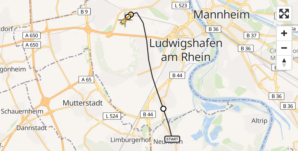 Flugroute Rettungshubschrauber Neuhofen - Ludwigshafen Accident Hospital, 30 Juli 2026, 12:41