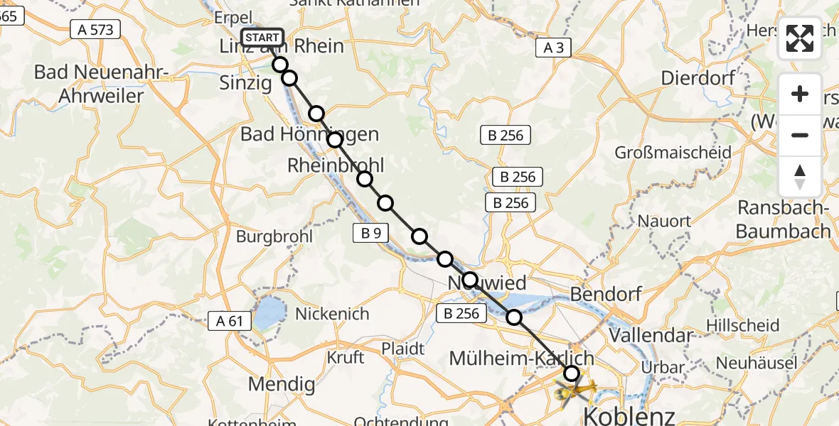 Flugroute Rettungshubschrauber Remagen - Koblenz, 30 Juli 2026, 12:46