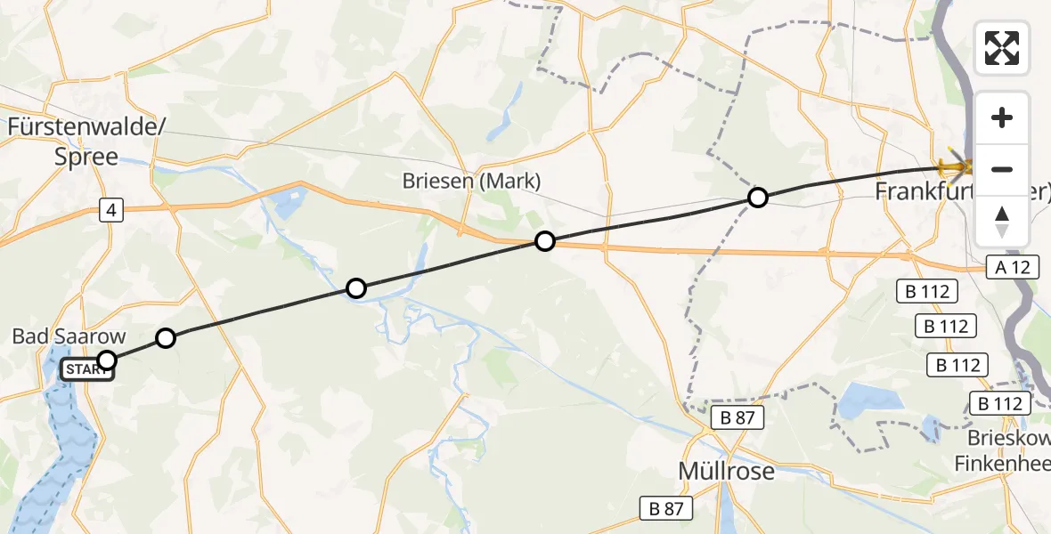 Flugroute Rettungshubschrauber Bad Saarow Hospital - Frankfurt (Oder), 30 Juli 2026, 12:50