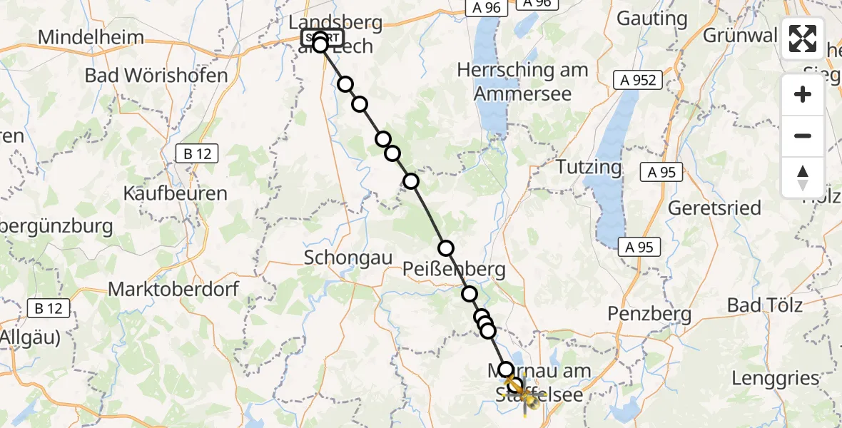 Flugroute Rettungshubschrauber Landsberg am Lech Hospital - Murnau a.Staffelsee, 30 Juli 2026, 12:50
