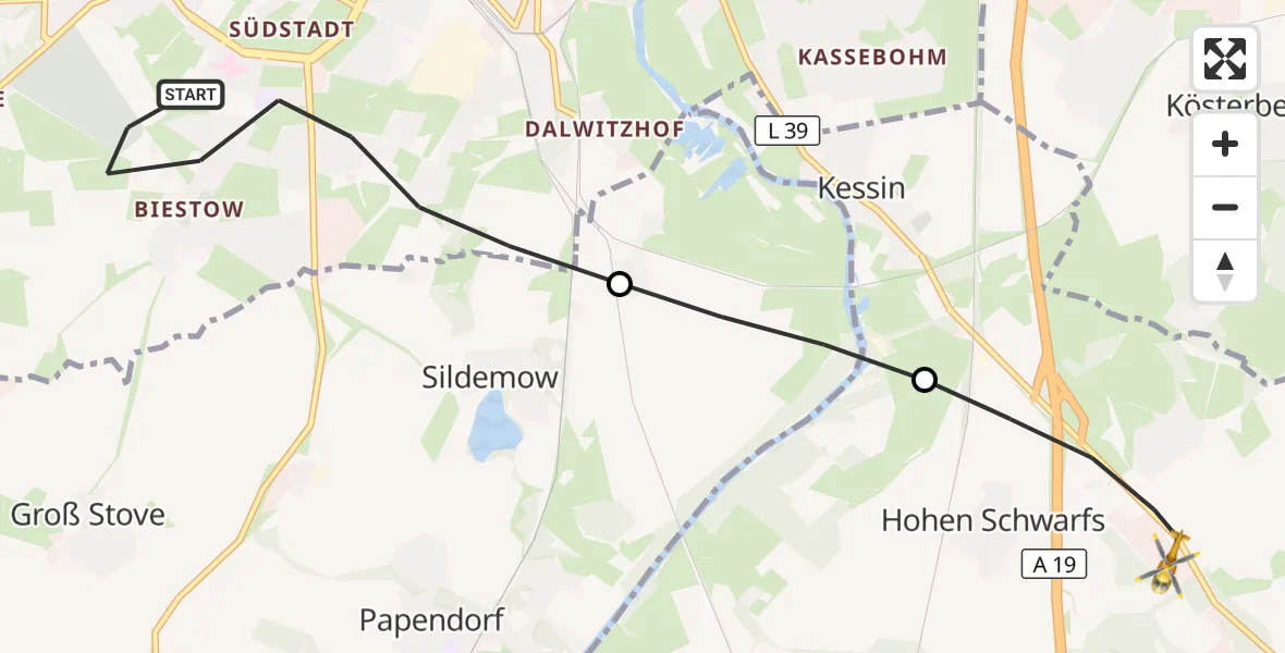 Flugroute Ambulanzhubschrauber Rostock - Dummerstorf, 30 Juli 2026, 12:52