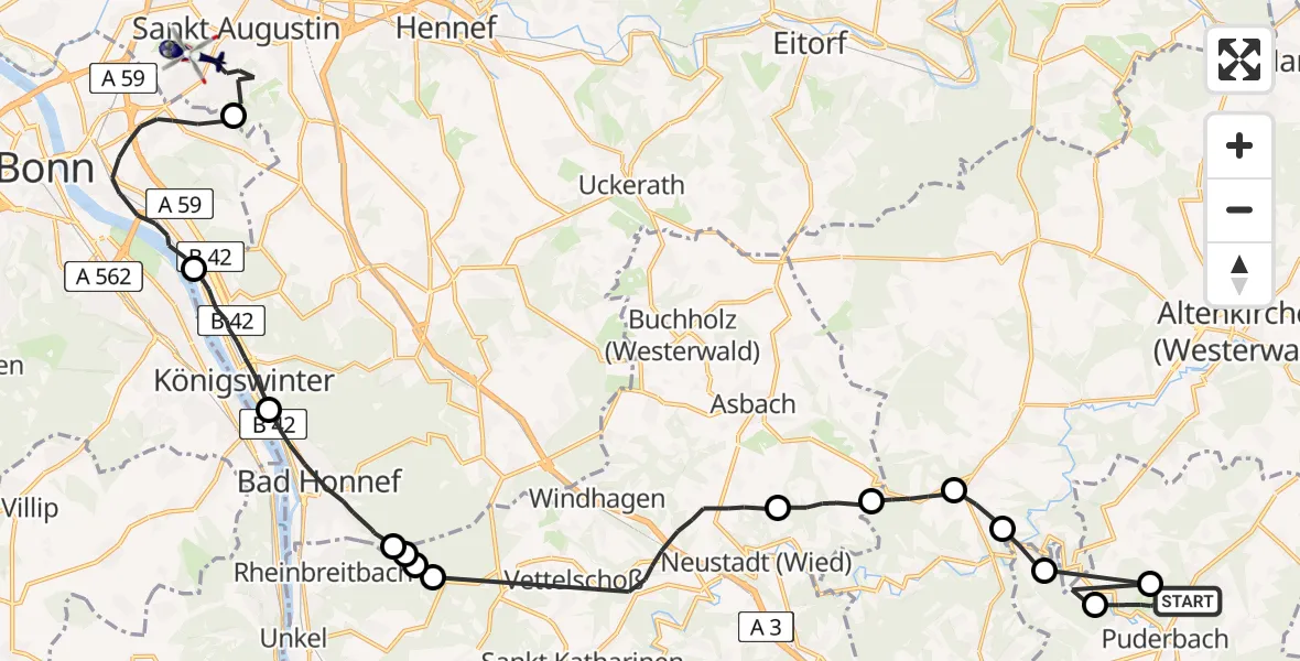 Flugroute Polizeihubschrauber Puderbach - Sankt Augustin, 30 Juli 2026, 12:54