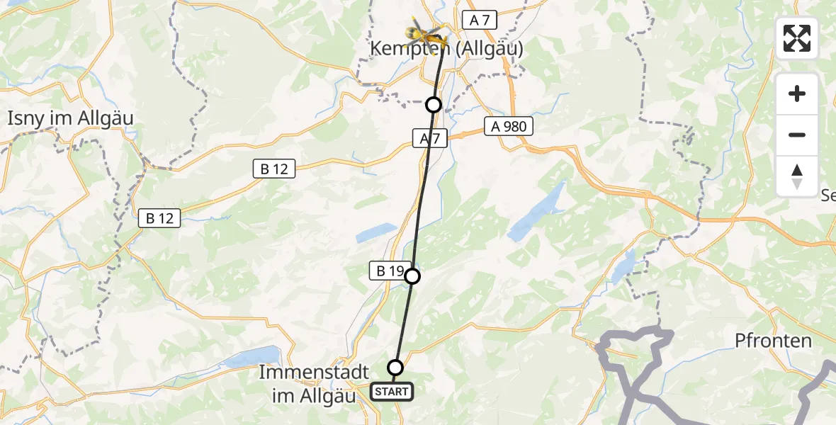 Flugroute Rettungshubschrauber Agathazell Flugplatz - Kempten (Allgäu), 30 Juli 2026, 12:56