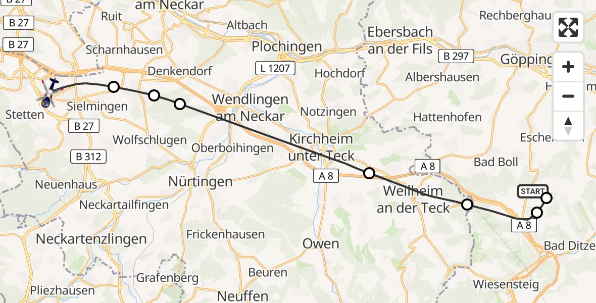 Flugroute Polizeihubschrauber Gruibingen-Nortel Flugplatz - Flughafen Stuttgart, 30 Juli 2026, 12:57
