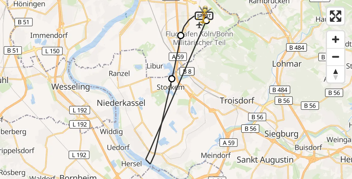 Flugroute Rettungshubschrauber Köln Bonn Flughafen - Köln Bonn Flughafen, 30 Juli 2026, 12:57