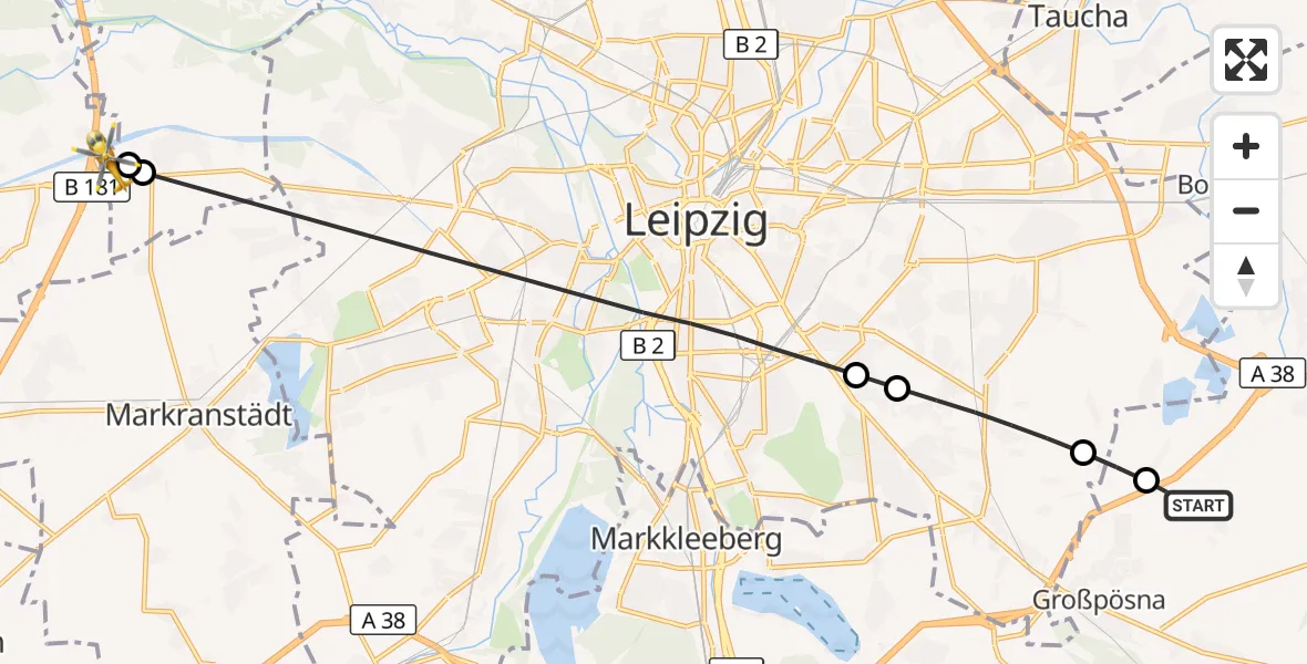Flugroute Rettungshubschrauber Naunhof - ADAC Air Rescue Station Leipzig/Schkeuditz-Dölzig Hubschrauberlandeplatz (Christoph 61), 30 Juli 2026, 12:59