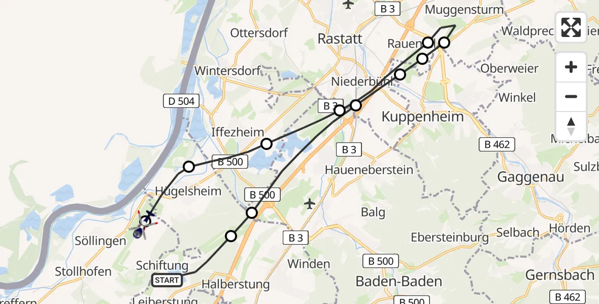 Flugroute Polizeihubschrauber Sinzheim - Karlsruhe Baden-Baden Flughafen, 30 Juli 2026, 13:06