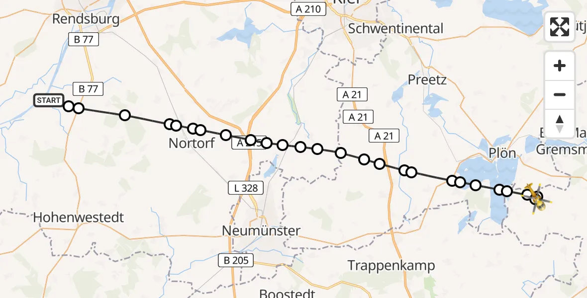 Flugroute Ambulanzhubschrauber Hörsten - Bösdorf, 30 Juli 2026, 13:06