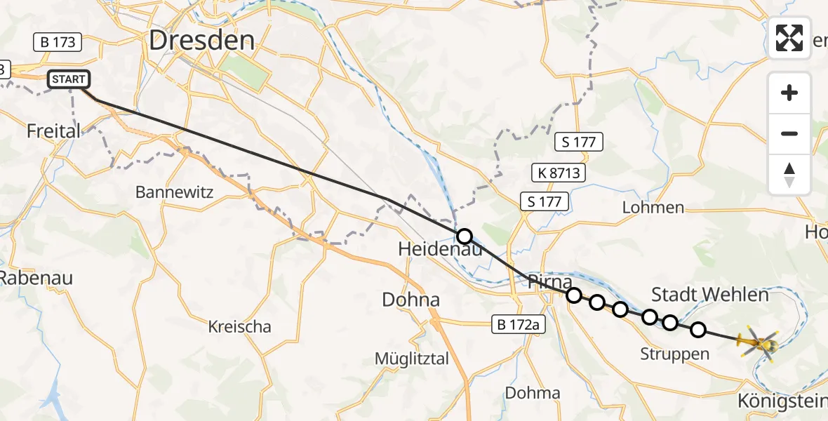 Flugroute Rettungshubschrauber Dresden - Struppen, 30 Juli 2026, 13:07