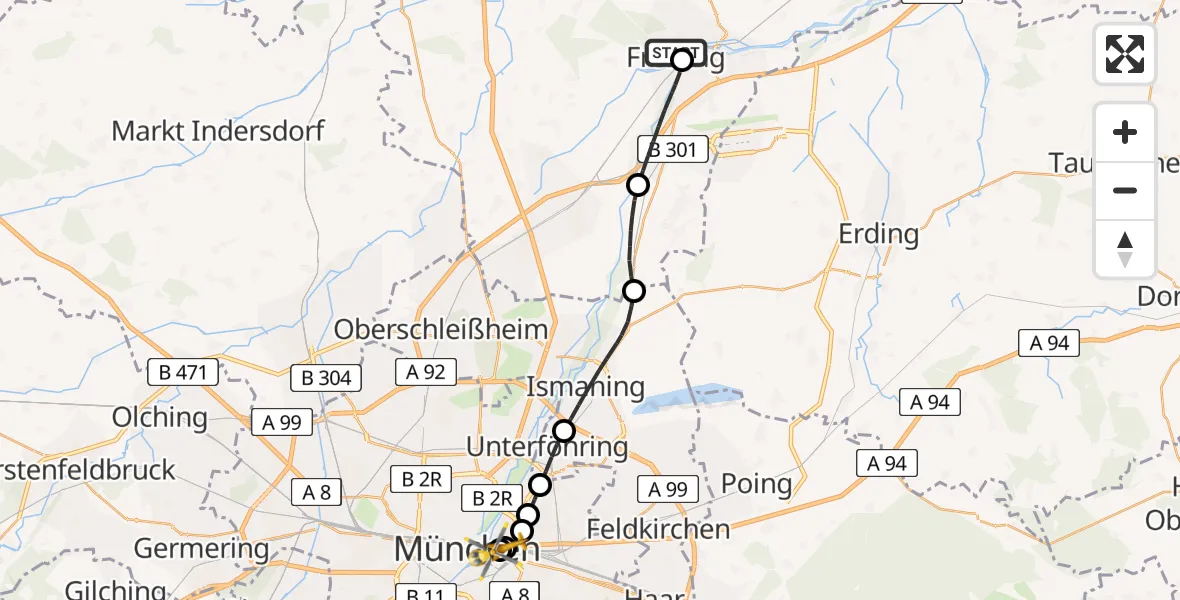 Flugroute Rettungshubschrauber Freising Clinic Hubschrauberlandeplatz - Rechts der Isar University Hospital, 30 Juli 2026, 13:09