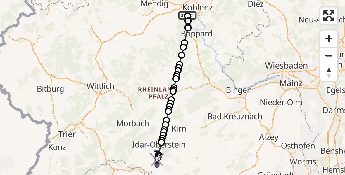 Flugroute Polizeihubschrauber Winningen - Baumholder, 30 Juli 2026, 13:20