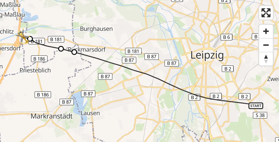 Flugroute Rettungshubschrauber Leipzig - ADAC Air Rescue Station Leipzig/Schkeuditz-Dölzig Hubschrauberlandeplatz (Christoph 61), 30 Juli 2026, 13:21