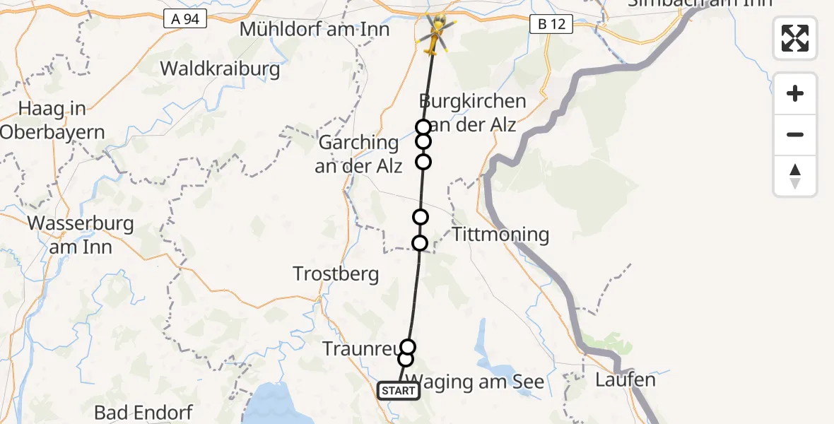 Flugroute Rettungshubschrauber Traunstein - Altötting-Burghausen District Hospital Altötting Hubschrauberlandeplatz, 30 Juli 2026, 13:22