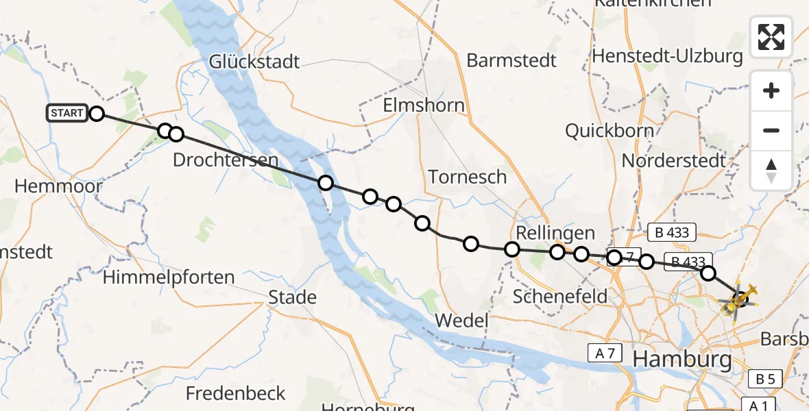 Flugroute Rettungshubschrauber Oberndorf - Hamburg Military Hospital, 30 Juli 2026, 13:31