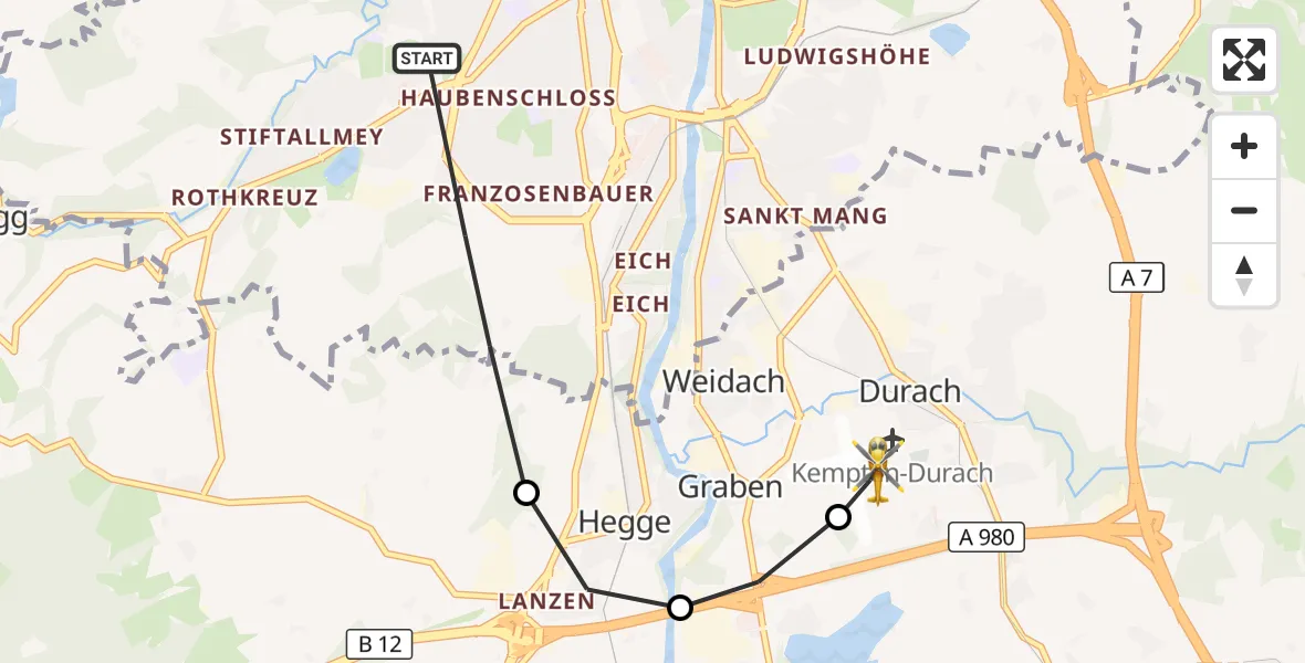 Flugroute Rettungshubschrauber Kempten (Allgäu) - Kempten-Durach Flugplatz, 30 Juli 2026, 13:31