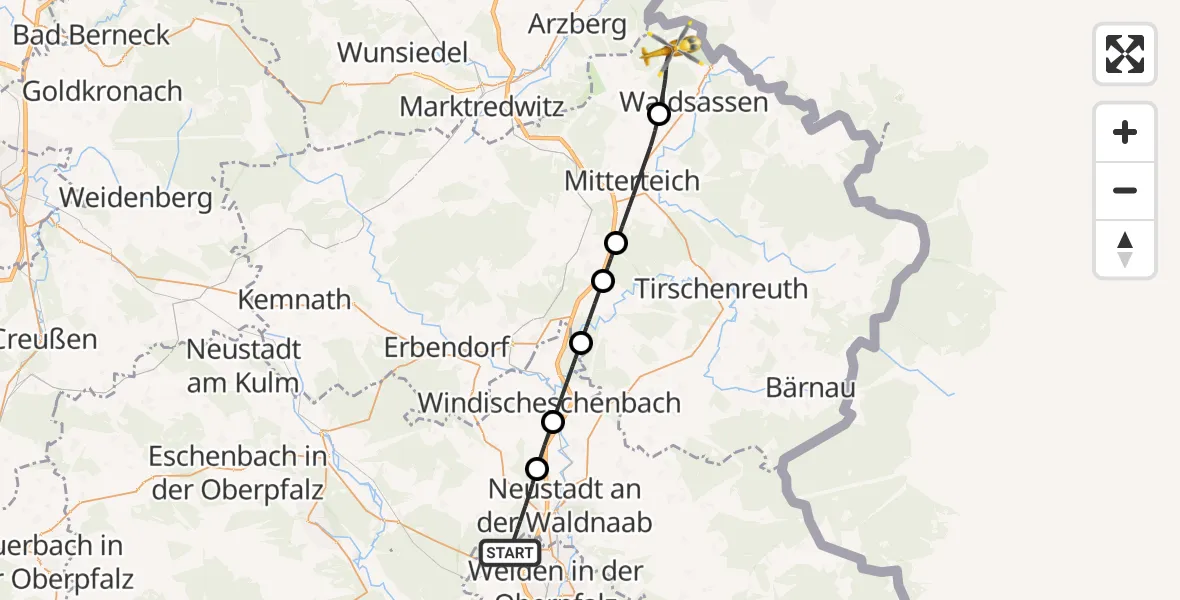 Flugroute Ambulanzhubschrauber Altenstadt a.d.Waldnaab - Waldsassen, 30 Juli 2026, 13:34