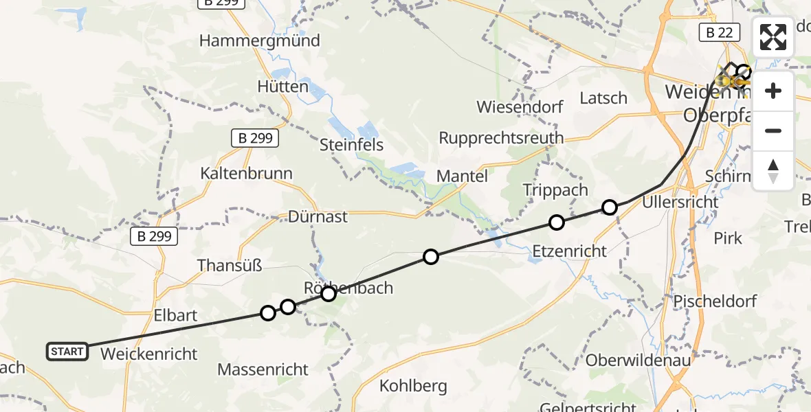 Flugroute Ambulanzhubschrauber Freihung - Weiden Hospital, 30 Juli 2026, 13:40
