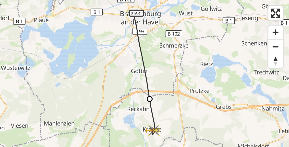 Flugroute Rettungshubschrauber Brandenburg an der Havel - Kloster Lehnin, 30 Juli 2026, 13:40
