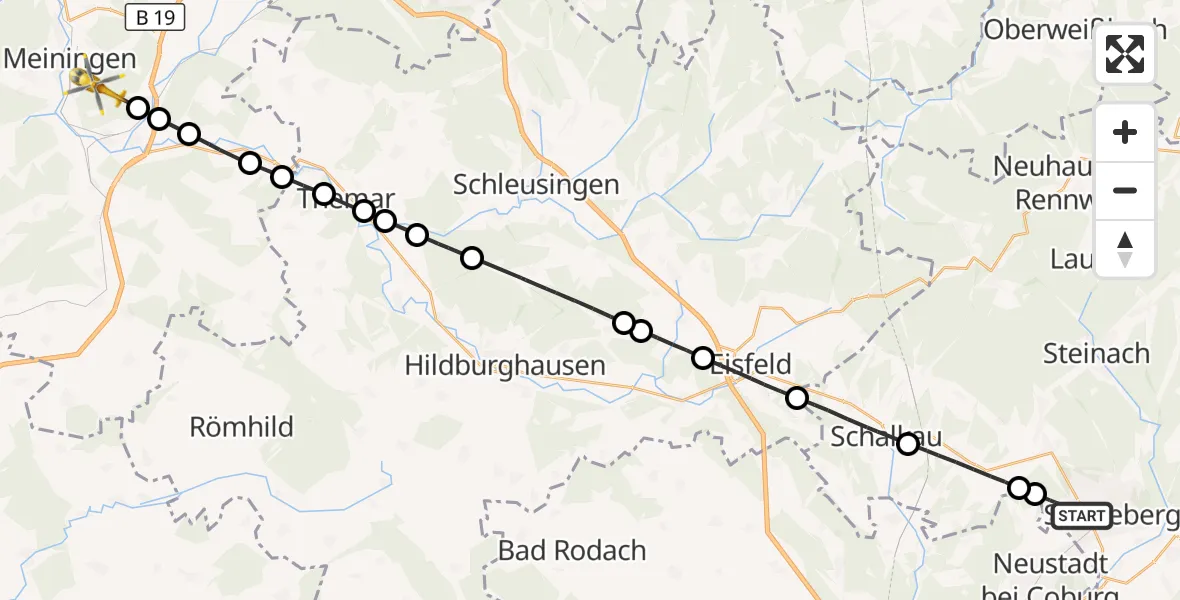 Flugroute Ambulanzhubschrauber Sonneberg - Ellingshausen, 30 Juli 2026, 13:48
