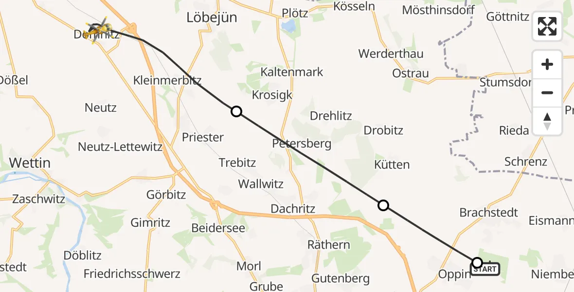 Flugroute Rettungshubschrauber Halle-Oppin Flugplatz - Wettin-Löbejün, 30 Juli 2026, 13:55