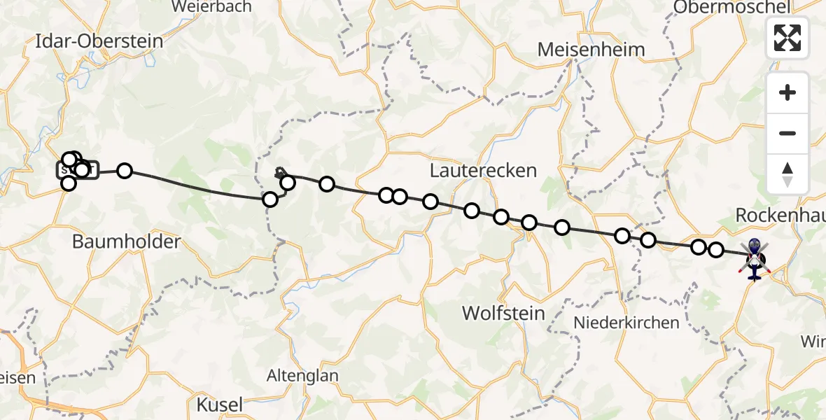 Flugroute Polizeihubschrauber Baumholder Armee Flugfeld - Rockenhausen, 30 Juli 2026, 13:58