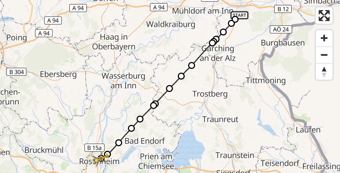 Flugroute Rettungshubschrauber Altötting - RoMed Hospital Rosenheim, 30 Juli 2026, 14:01