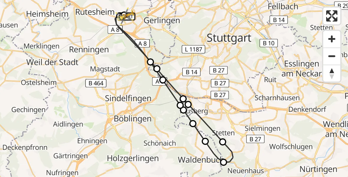 Flugroute Rettungshubschrauber Leonberg Hospital - Leonberg Hospital, 30 Juli 2026, 14:02