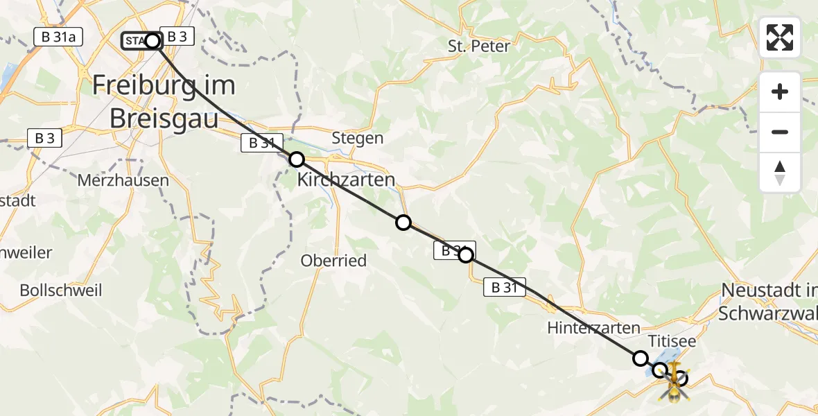 Flugroute Ambulanzhubschrauber Freiburg im Breisgau Flugplatz - Lenzkirch, 30 Juli 2026, 14:03