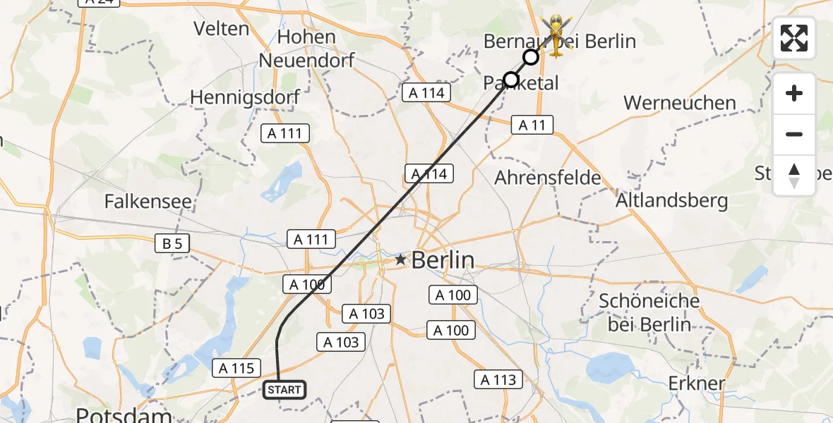 Flugroute Rettungshubschrauber Berlin - Bernau bei Berlin, 30 Juli 2026, 14:03