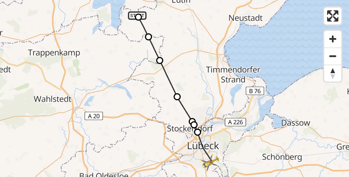 Flugroute Ambulanzhubschrauber Bösdorf - Lübeck, 30 Juli 2026, 14:07