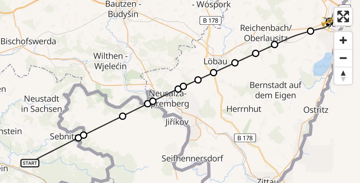 Flugroute Rettungshubschrauber Sebnitz - Görlitz Hospital, 30 Juli 2026, 14:11
