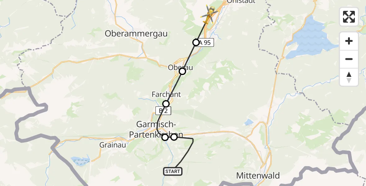 Flugroute Rettungshubschrauber Garmisch-Partenkirchen - Eschenlohe, 30 Juli 2026, 14:12