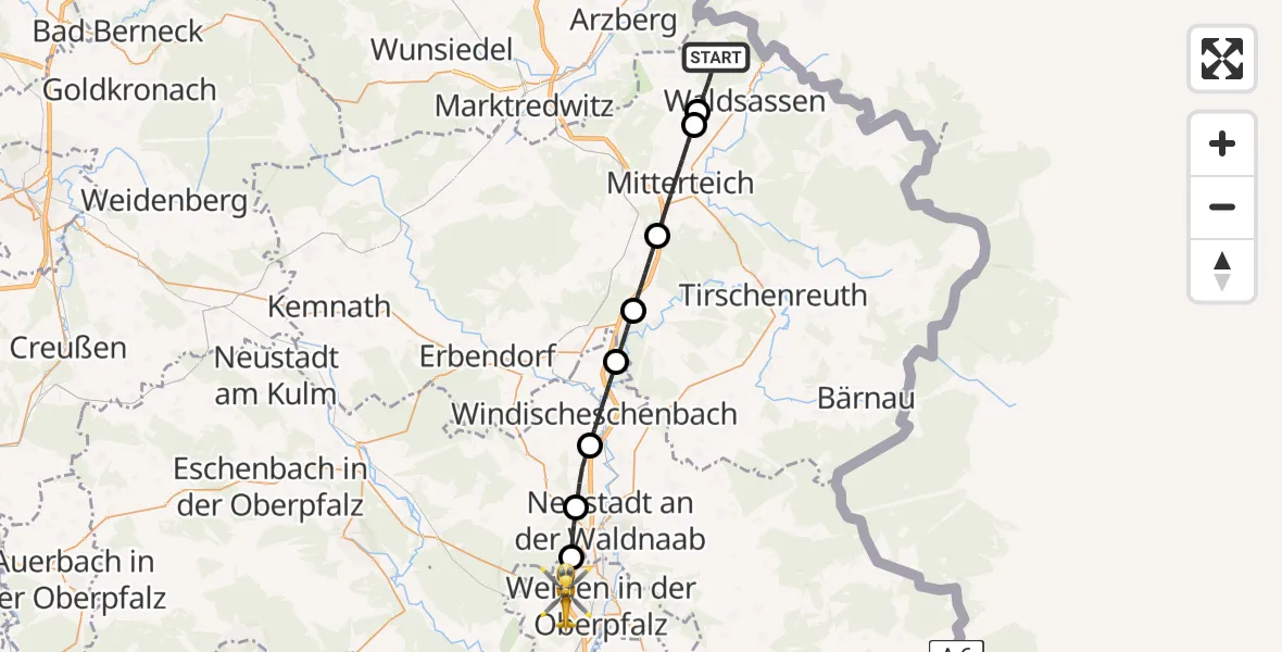 Flugroute Ambulanzhubschrauber Waldsassen - Weiden i.d.OPf., 30 Juli 2026, 14:27