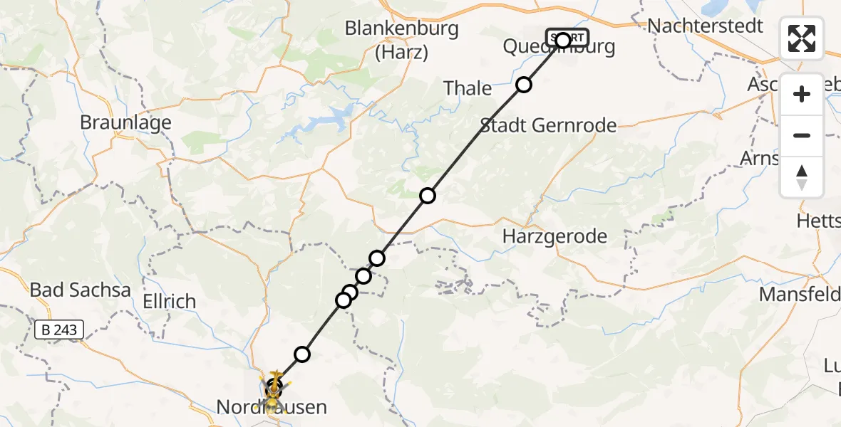 Flugroute Rettungshubschrauber Harz Hospital Quedlinburg - Südharz Hospital Nordhausen, 30 Juli 2026, 14:28