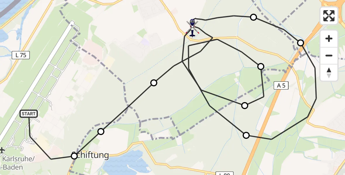 Flugroute Polizeihubschrauber Karlsruhe Baden-Baden Flughafen - Hügelsheim, 30 Juli 2026, 14:31
