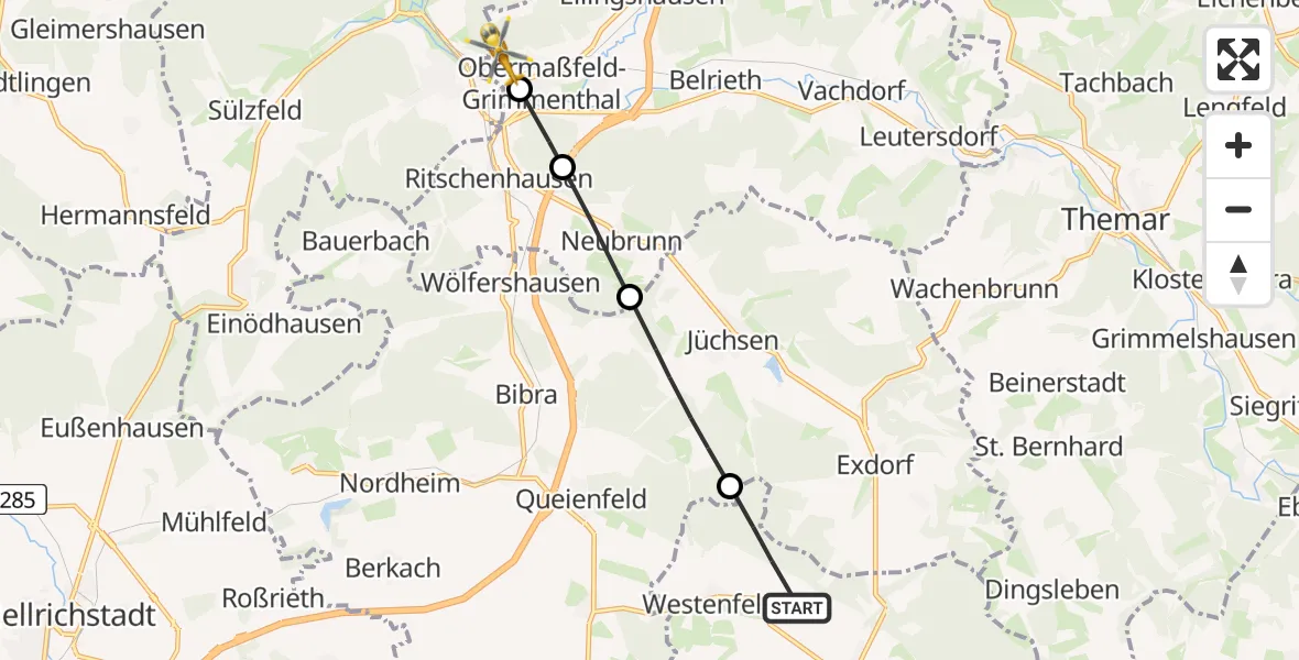 Flugroute Rettungshubschrauber Römhild - Obermaßfeld-Grimmenthal, 30 Juli 2026, 14:36