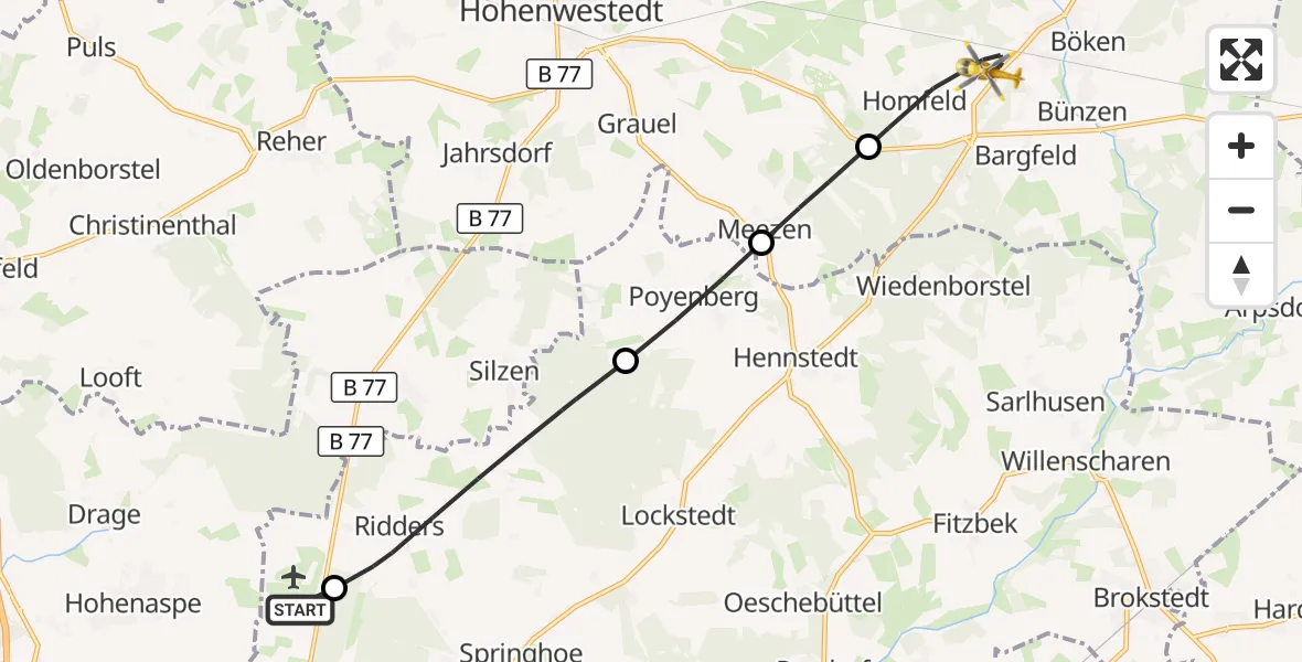 Flugroute Rettungshubschrauber Itzehoe Hungriger Wolf Flugplatz - Aukrug, 30 Juli 2026, 14:37